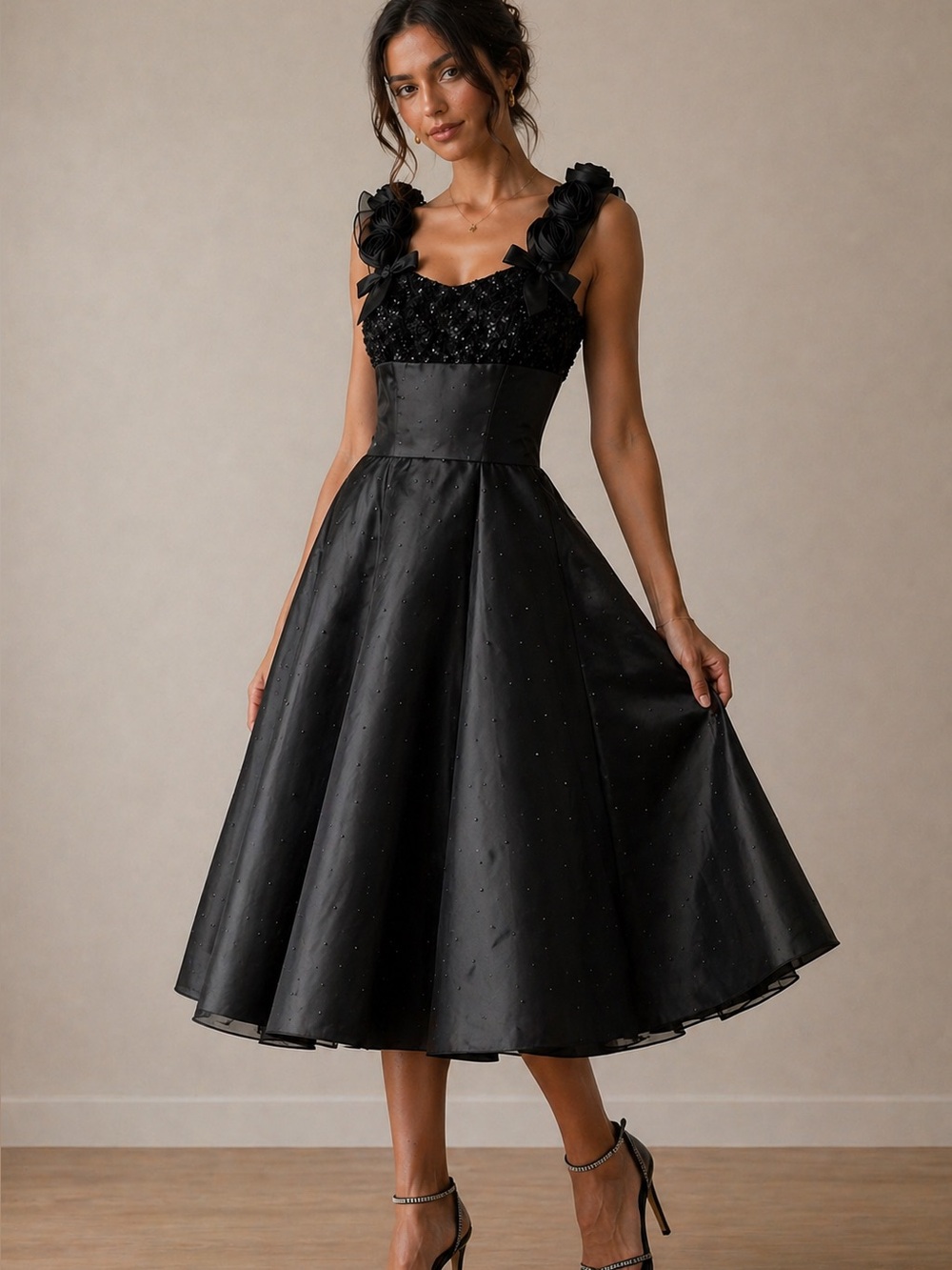 Edith Strauss fit & flare dress black sheer organza velours sculpted flowers 10
